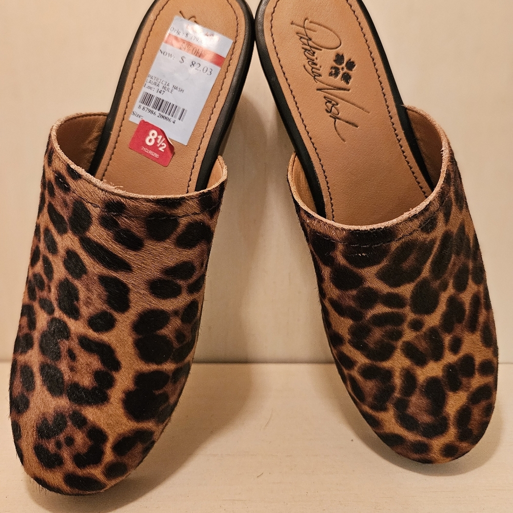 Patricia Nash Laura Platform Mules Clogs Calf Hair Leopard  Sz 8.5M NWOB